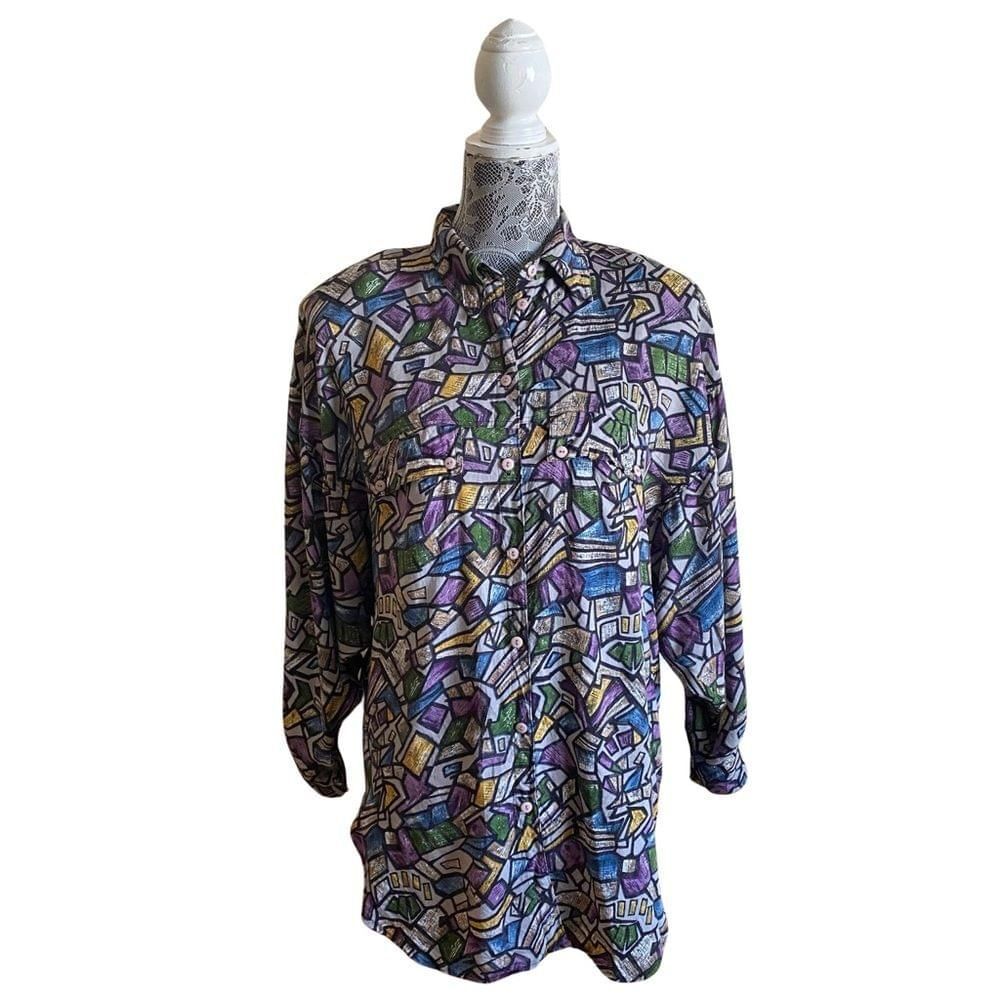Vintage 80s Oscar de la Renta Expressions Abstract Print Button Front Blouse